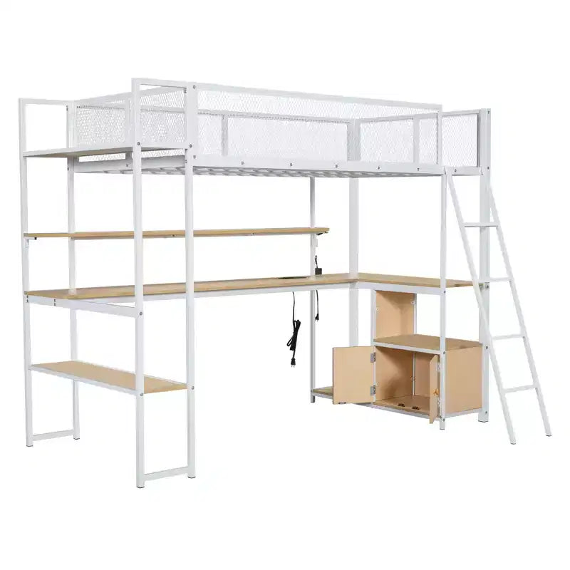 Cama alta metálica individual con estación de trabajo integrada y LED, estructura resistente para cama alta con múltiples espacios de almacenamiento
