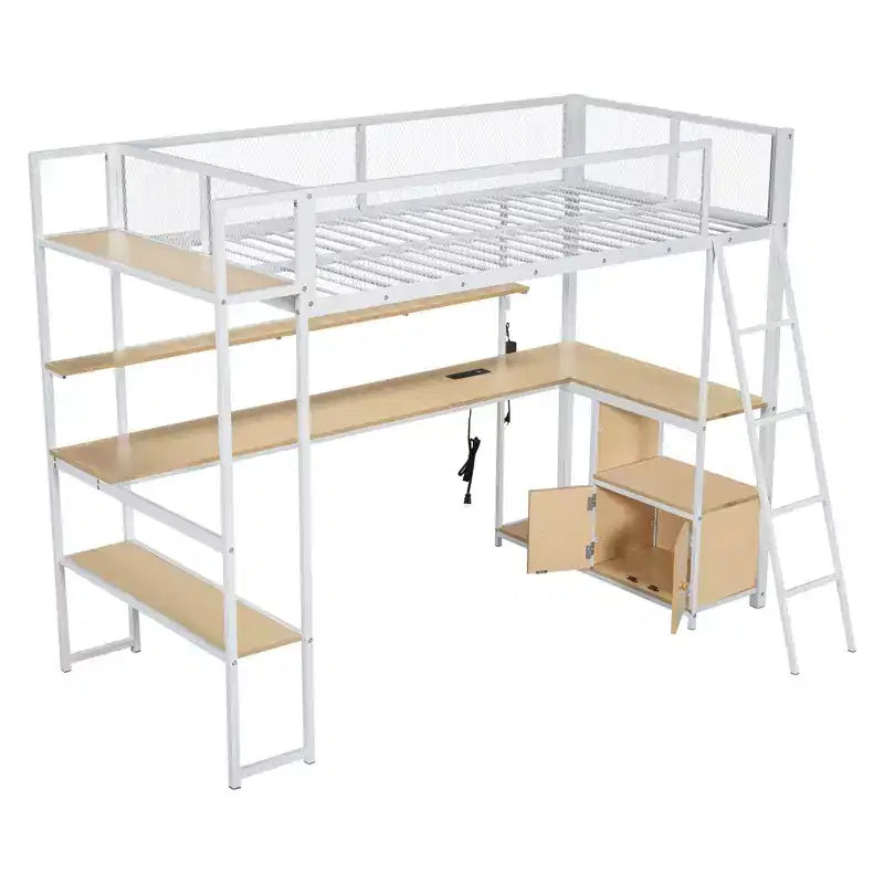 Cama alta metálica individual con estación de trabajo integrada y LED, estructura resistente para cama alta con múltiples espacios de almacenamiento