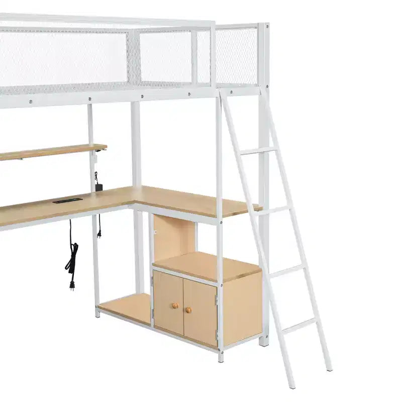 Cama alta metálica individual con estación de trabajo integrada y LED, estructura resistente para cama alta con múltiples espacios de almacenamiento