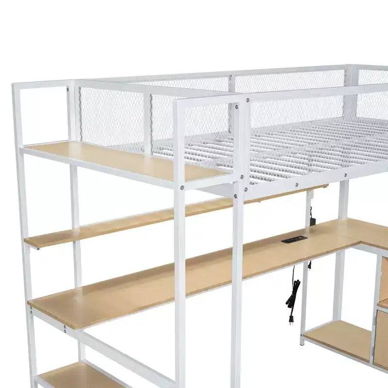 Cama alta metálica individual con estación de trabajo integrada y LED, estructura resistente para cama alta con múltiples espacios de almacenamiento
