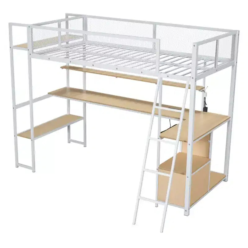 Cama alta metálica individual con estación de trabajo integrada y LED, estructura resistente para cama alta con múltiples espacios de almacenamiento