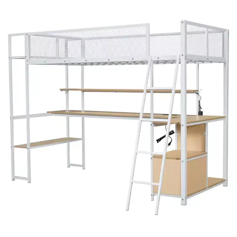 Cama alta metálica individual con estación de trabajo integrada y LED, estructura resistente para cama alta con múltiples espacios de almacenamiento