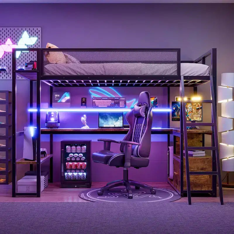 Lit mezzanine en métal pour lit jumeau avec espace de travail intégré et éclairage LED, cadre de lit mezzanine robuste avec plusieurs espaces de rangement