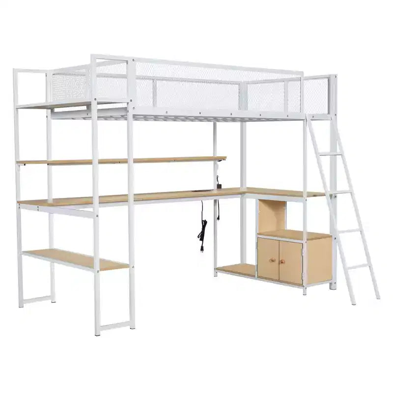 Cama alta metálica individual con estación de trabajo integrada y LED, estructura resistente para cama alta con múltiples espacios de almacenamiento