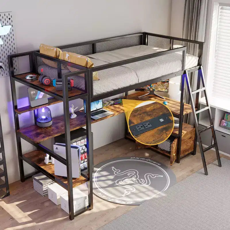 Lit mezzanine en métal pour lit jumeau avec espace de travail intégré et éclairage LED, cadre de lit mezzanine robuste avec plusieurs espaces de rangement