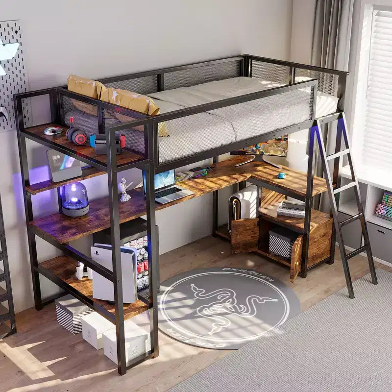 Cama alta metálica individual con estación de trabajo integrada y LED, estructura resistente para cama alta con múltiples espacios de almacenamiento