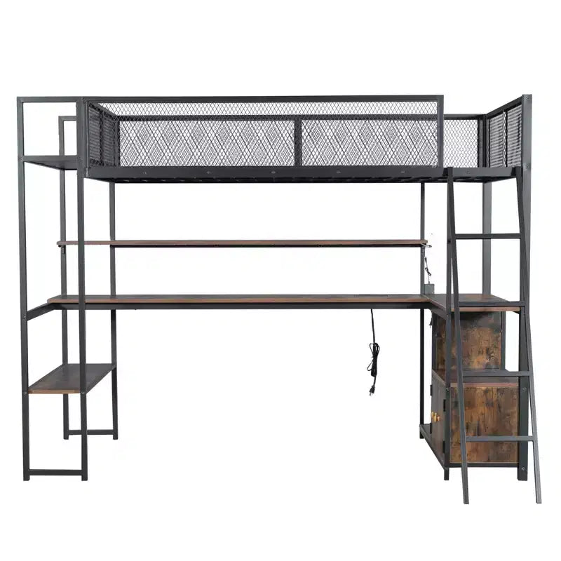 Cama alta metálica individual con estación de trabajo integrada y LED, estructura resistente para cama alta con múltiples espacios de almacenamiento