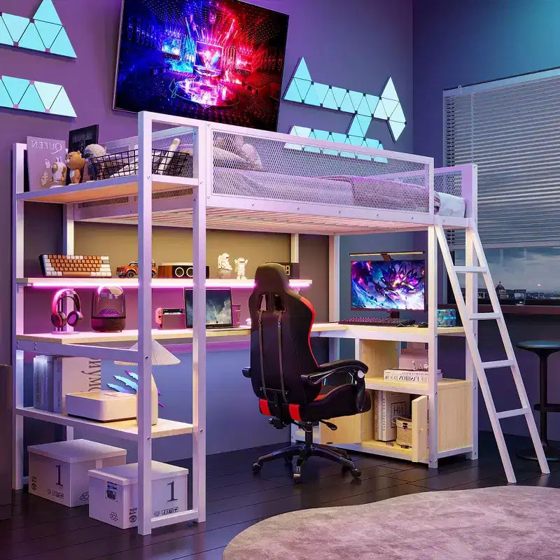 Cama alta metálica individual con estación de trabajo integrada y LED, estructura resistente para cama alta con múltiples espacios de almacenamiento