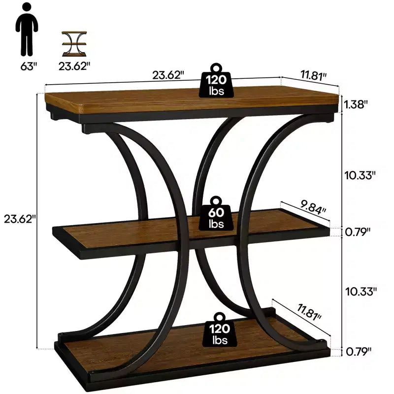 Table d’appoint étroite robuste à 3 niveaux, table de bout de canapé industrielle en bois de 24 pouces avec piètement en métal et étagères de rangement pour le salon et la chambre (noyer)