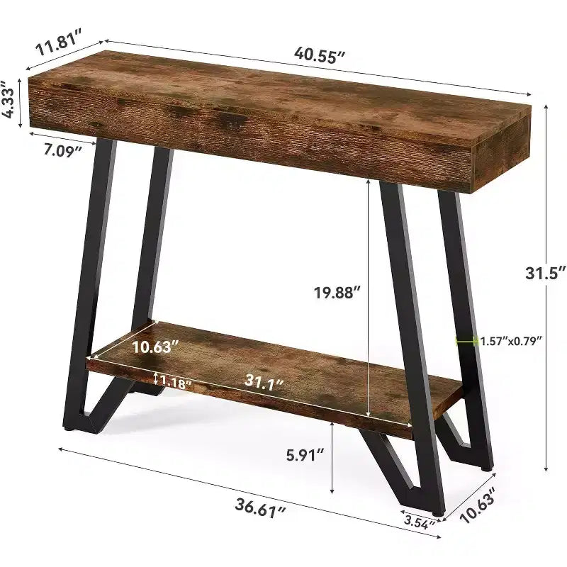 Konsolentisch, 40 Zoll, mit geometrischem Metallgestell, zweistöckiger Sofatisch im Industrial-Stil für das Wohnzimmer, rustikal braun