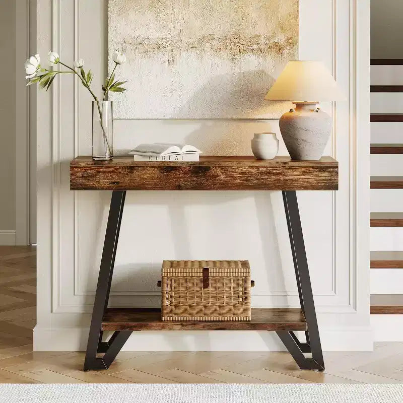 Konsolentisch, 40 Zoll, mit geometrischem Metallgestell, zweistöckiger Sofatisch im Industrial-Stil für das Wohnzimmer, rustikal braun