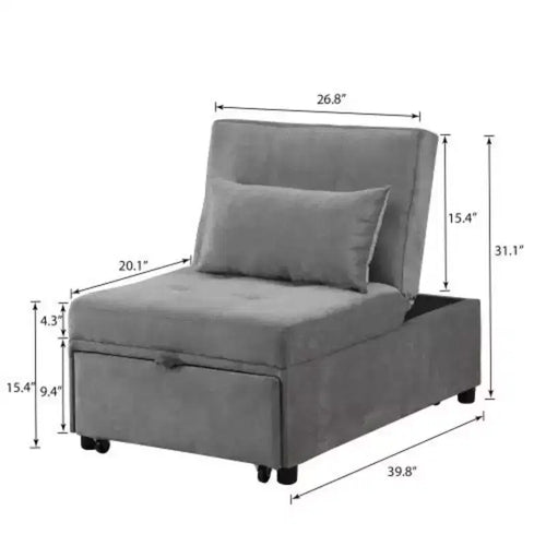 Tabouret-lit convertible 4 en 1 réglable, canapé-lit moderne avec dossier réglable et couchage d’appoint, gris