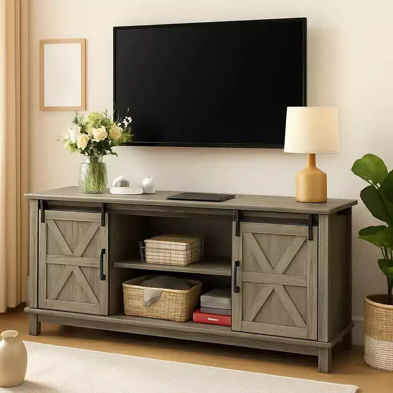 Meuble TV moderne pour téléviseurs jusqu’à 75'', centre de divertissement en bois avec portes coulissantes de grange, console multimédia avec étagère réglable pour le salon