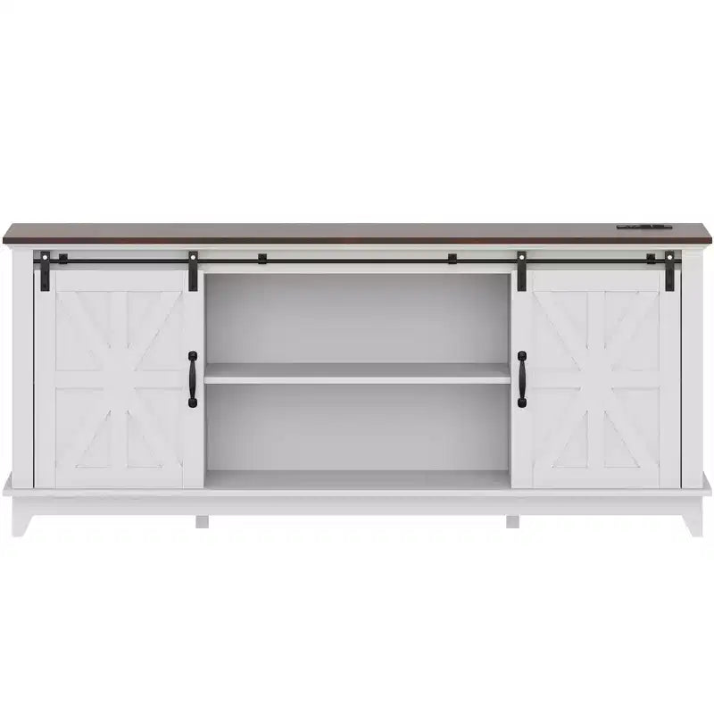 Meuble TV moderne pour téléviseurs jusqu’à 75'', centre de divertissement en bois avec portes coulissantes de grange, console multimédia avec étagère réglable pour le salon