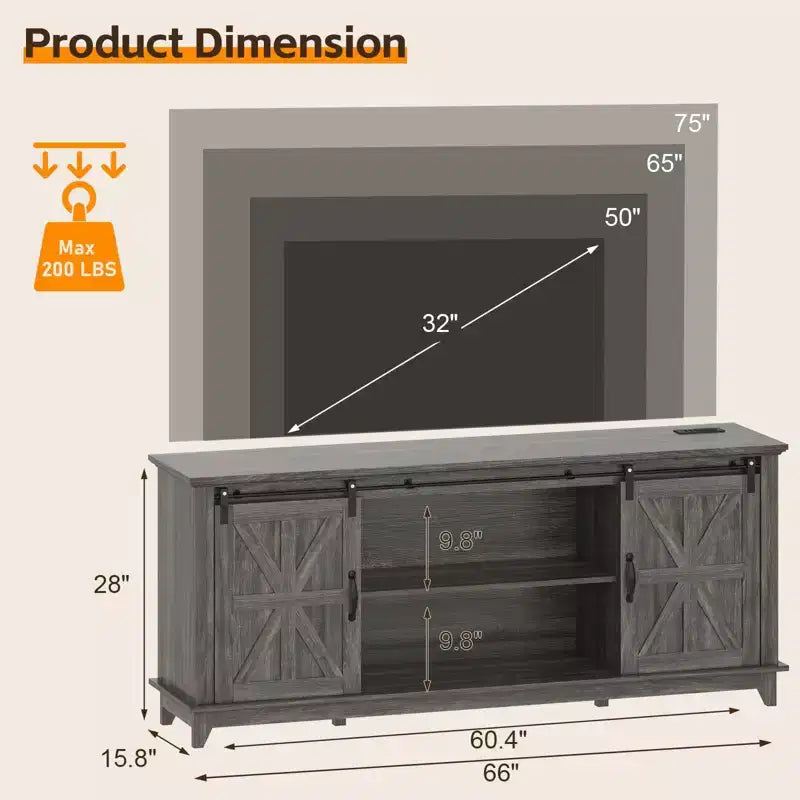 Meuble TV moderne pour téléviseurs jusqu’à 75'', centre de divertissement en bois avec portes coulissantes de grange, console multimédia avec étagère réglable pour le salon