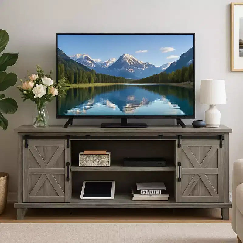 Meuble TV moderne pour téléviseurs jusqu’à 75'', centre de divertissement en bois avec portes coulissantes de grange, console multimédia avec étagère réglable pour le salon