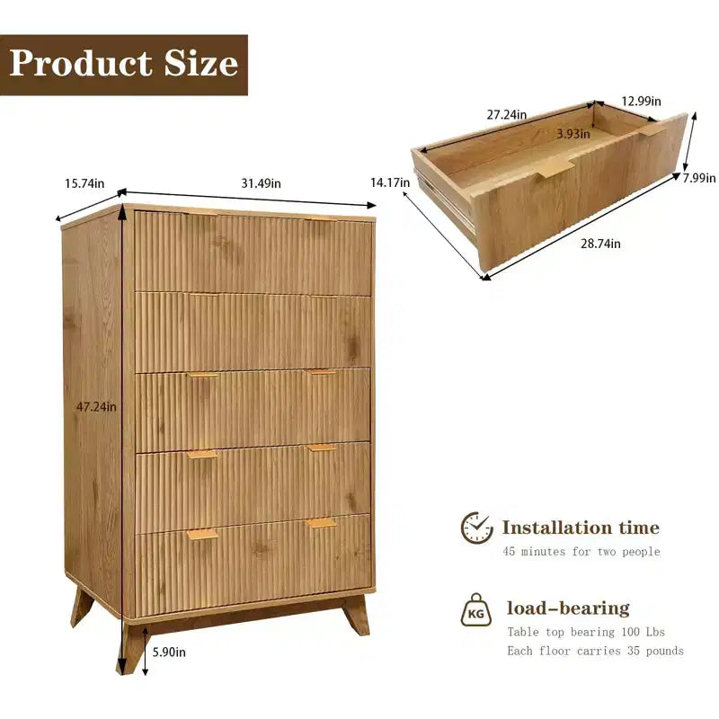 Commode à 5 tiroirs de 48'' de hauteur, style moderne du milieu du siècle avec design cannelé, pour la chambre, le salon et l’entrée