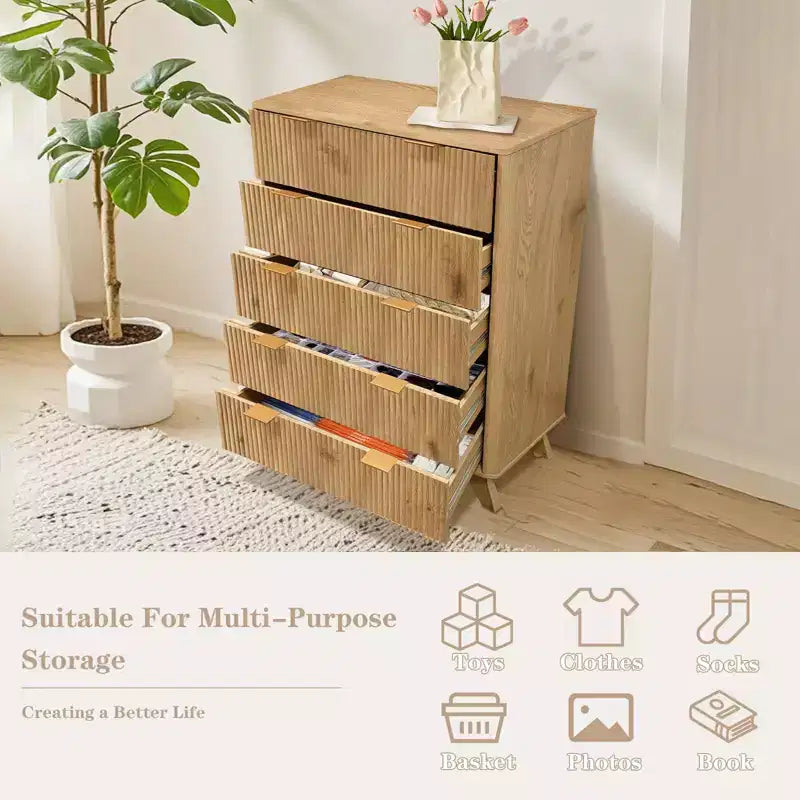 Kommode mit 5 Schubladen, 48 Zoll hoch, im Mid-Century-Modern-Stil mit geriffeltem Design, für Schlafzimmer, Wohnzimmer und Eingangsbereich