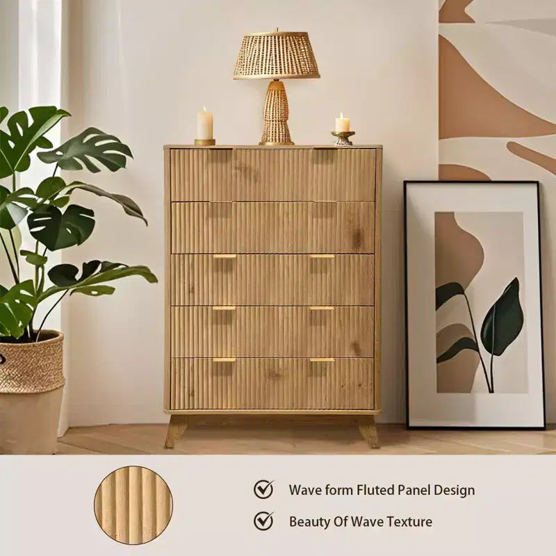 Commode à 5 tiroirs de 48'' de hauteur, style moderne du milieu du siècle avec design cannelé, pour la chambre, le salon et l’entrée
