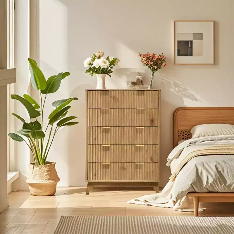 Kommode mit 5 Schubladen, 48 Zoll hoch, im Mid-Century-Modern-Stil mit geriffeltem Design, für Schlafzimmer, Wohnzimmer und Eingangsbereich