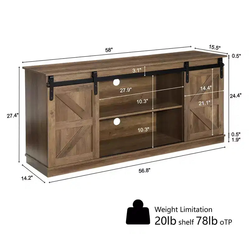 Meuble TV style maison de campagne avec portes coulissantes de grange et rangement pour le salon, convient aux téléviseurs jusqu’à 58 pouces