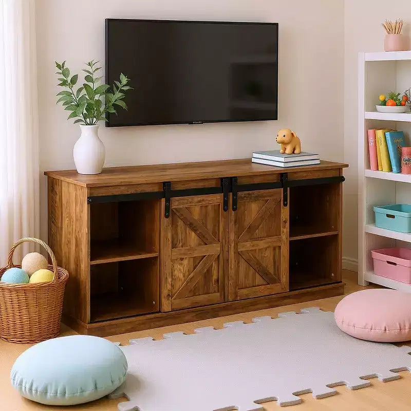 TV-Ständer im Landhausstil mit Schiebetüren im Scheunenstil und Stauraum fürs Wohnzimmer, passend für Fernseher bis 58 Zoll