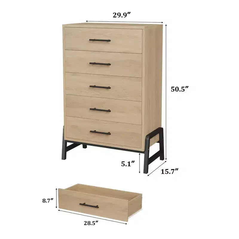 Commode à 5 tiroirs pour chambre, chiffonnier en bois avec pieds en métal, meuble autoportant pour ranger les vêtements, commode étroite pouvant servir de table de chevet