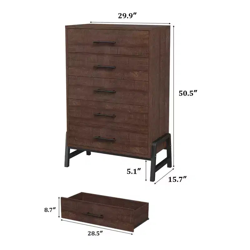 Commode à 5 tiroirs pour chambre, chiffonnier en bois avec pieds en métal, meuble autoportant pour ranger les vêtements, commode étroite pouvant servir de table de chevet