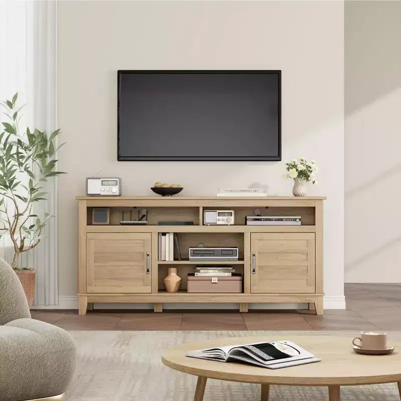 Meuble TV moderne pour téléviseurs jusqu’à 63'', meuble multimédia en bois avec étagères réglables, pour le salon, la chambre ou le bureau