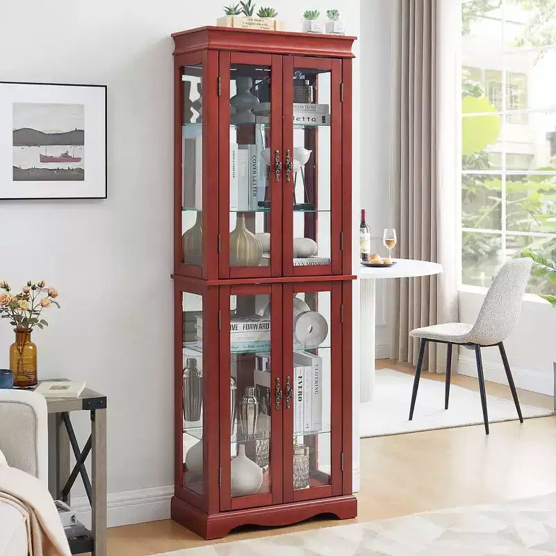 Vitrina iluminada de vidrio con marco de madera - elegante mueble de vidrio para guardar vino, juguetes y objetos de colección - perfecta para sala o cocina, cerezo