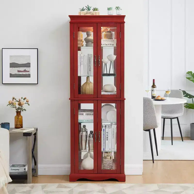 Vitrina iluminada de vidrio con marco de madera - elegante mueble de vidrio para guardar vino, juguetes y objetos de colección - perfecta para sala o cocina, cerezo