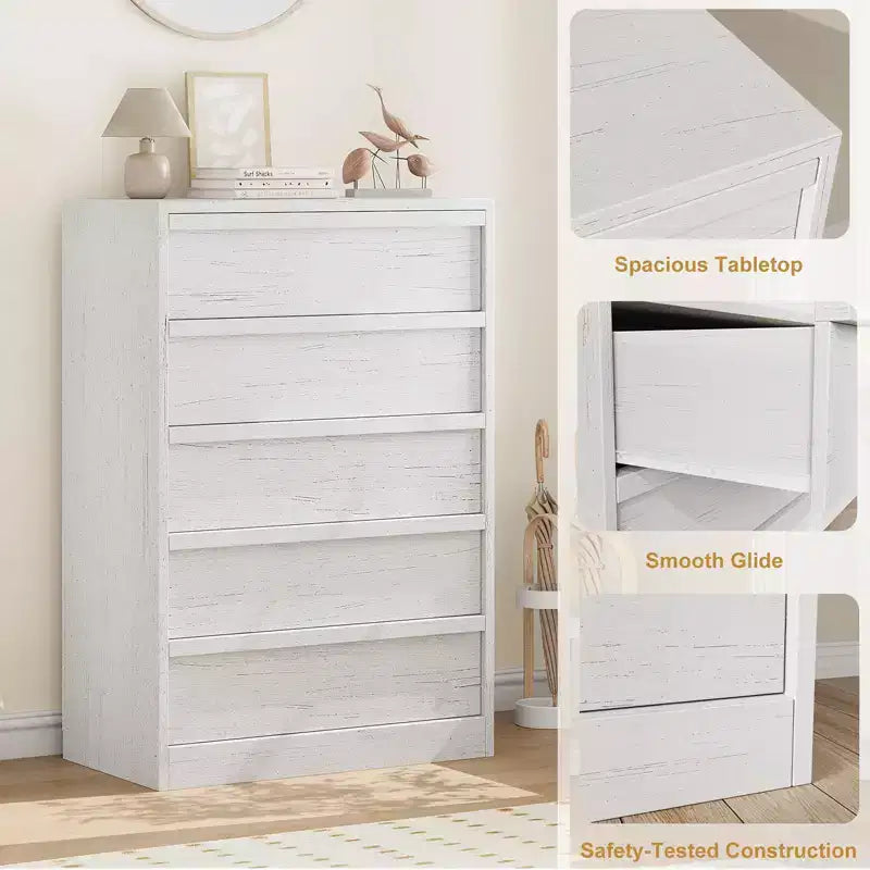 Commode haute à 5 tiroirs avec grand espace de rangement, meuble de rangement moderne à tiroirs, meuble organisateur pour chambre ou entrée