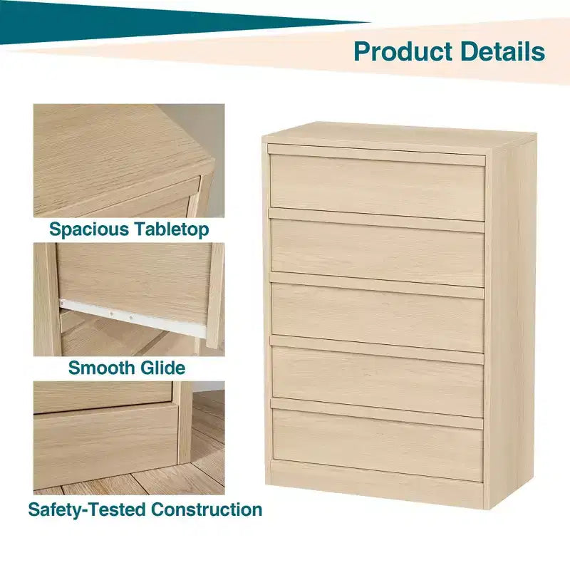 Commode haute à 5 tiroirs avec grand espace de rangement, meuble de rangement moderne à tiroirs, meuble organisateur pour chambre ou entrée