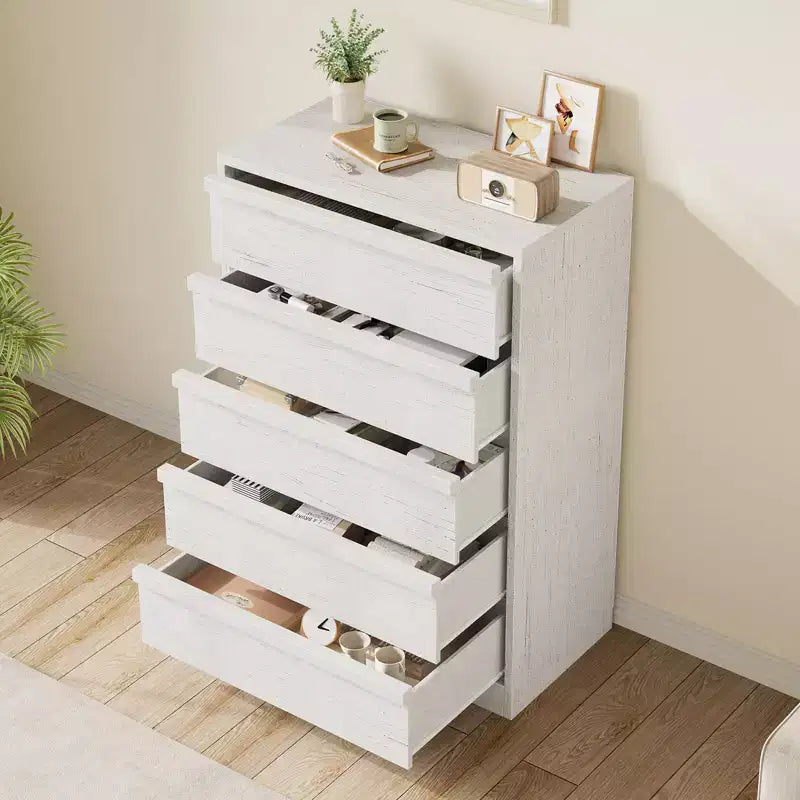 Commode haute à 5 tiroirs avec grand espace de rangement, meuble de rangement moderne à tiroirs, meuble organisateur pour chambre ou entrée