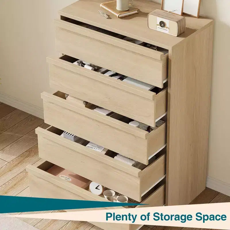 Commode haute à 5 tiroirs avec grand espace de rangement, meuble de rangement moderne à tiroirs, meuble organisateur pour chambre ou entrée