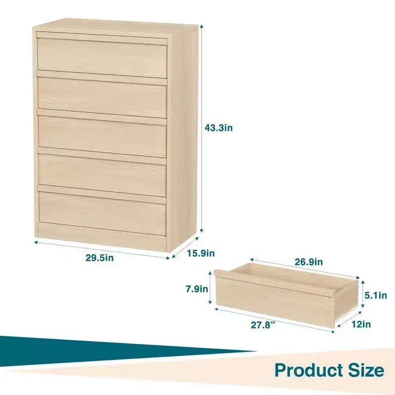 Commode haute à 5 tiroirs avec grand espace de rangement, meuble de rangement moderne à tiroirs, meuble organisateur pour chambre ou entrée