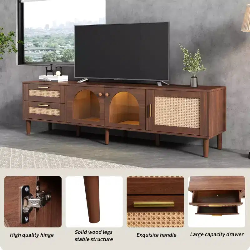 Meuble TV en rotin avec 3 placards et 2 tiroirs, meuble multimédia pour téléviseurs jusqu’à 80'', centre de divertissement avec éclairage LED pour le salon