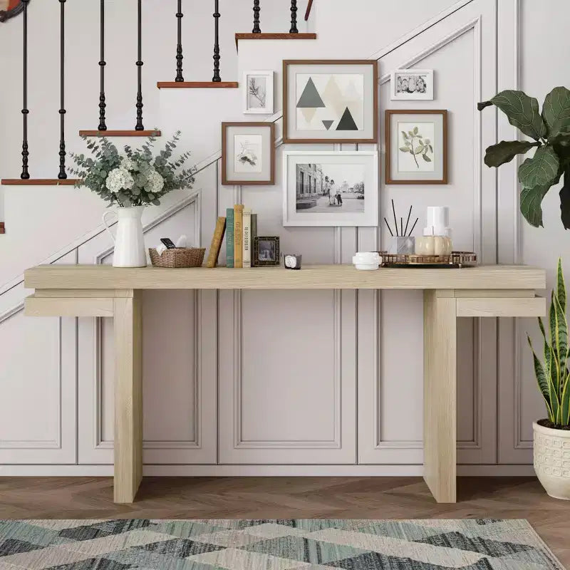 Mesa consola rectangular con base de madera minimalista para recibidor o sala de estar, espacios pequeños, roble natural