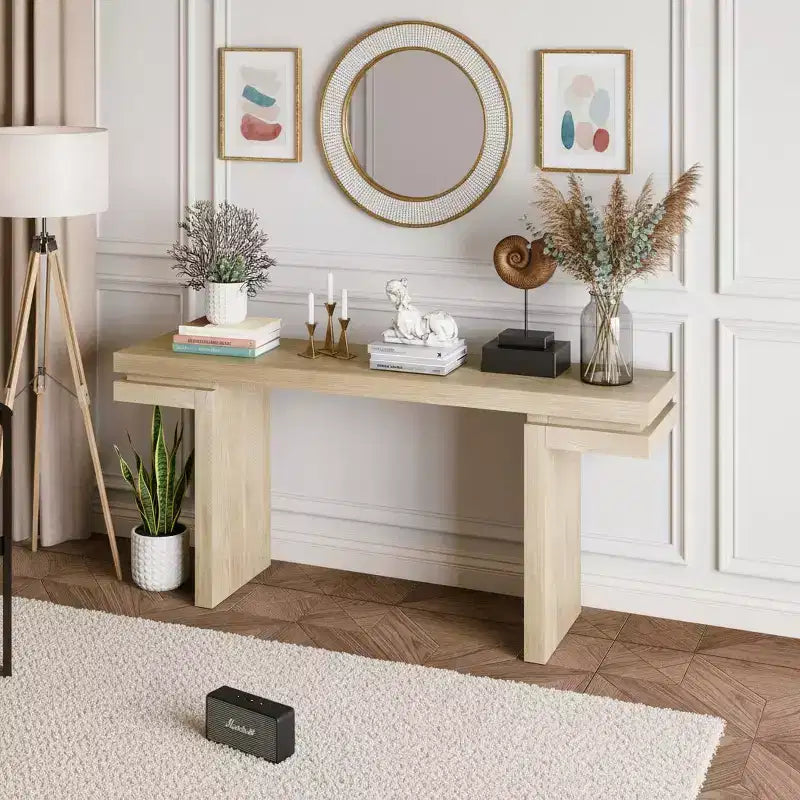 Mesa consola rectangular con base de madera minimalista para recibidor o sala de estar, espacios pequeños, roble natural