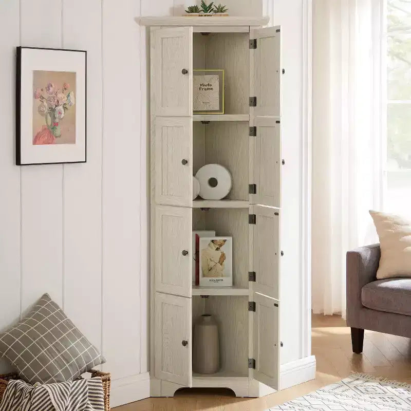 Alacena de esquina de cocina de 4 niveles y 72 con 8 puertas, armario alto de almacenamiento, estantería de estilo rústico para baño y sala de estar