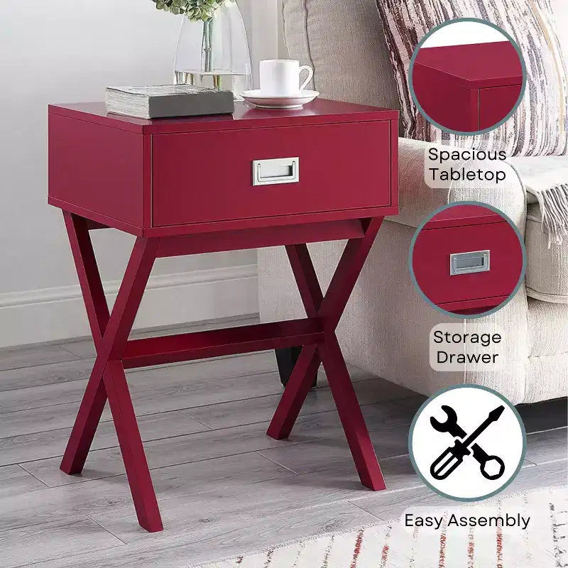 Table d’appoint avec grand tiroir de style coffre et plateau lisse, table d’appoint moderne avec rangement dissimulé pour les objets essentiels