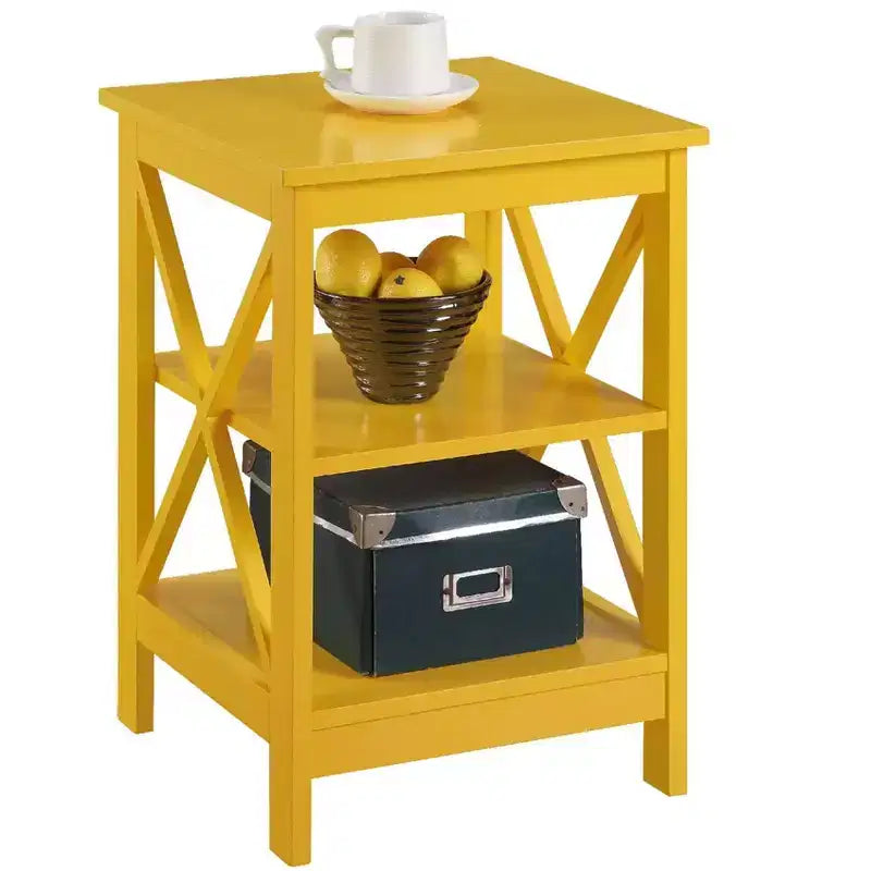 Mesa auxiliar con estantes y paneles en forma de X, mesa lateral de estilo transicional con 3 niveles abiertos para decoración, libros y almacenamiento en la sala