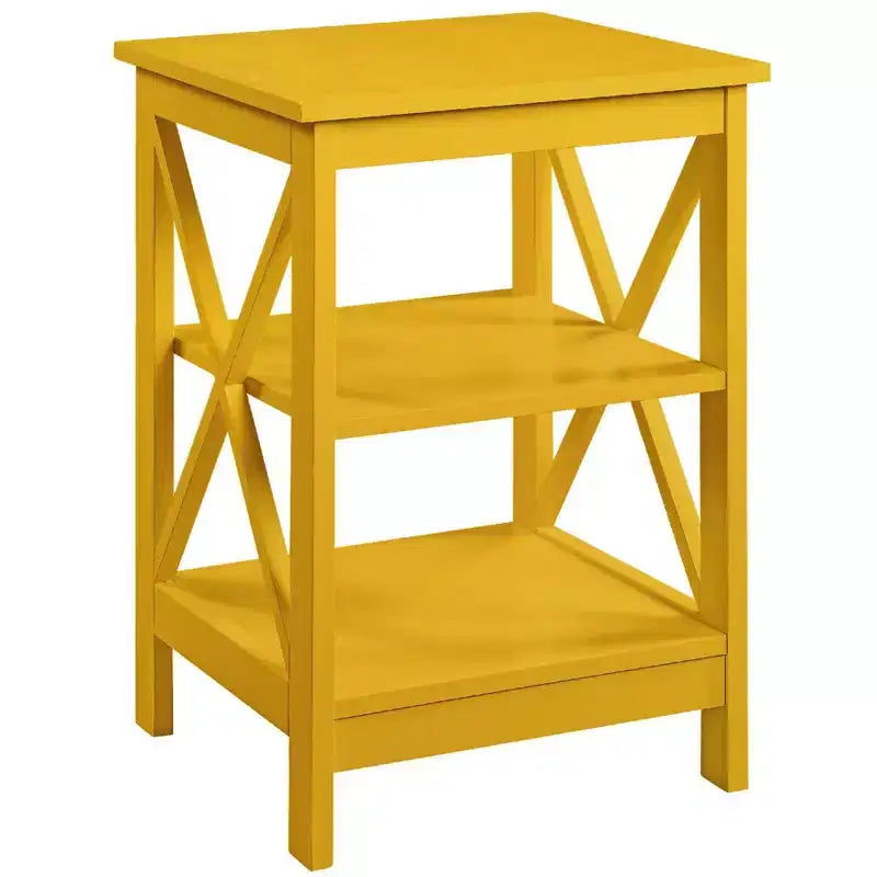 Mesa auxiliar con estantes y paneles en forma de X, mesa lateral de estilo transicional con 3 niveles abiertos para decoración, libros y almacenamiento en la sala