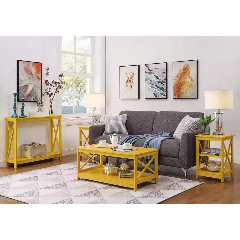 Mesa auxiliar con estantes y paneles en forma de X, mesa lateral de estilo transicional con 3 niveles abiertos para decoración, libros y almacenamiento en la sala