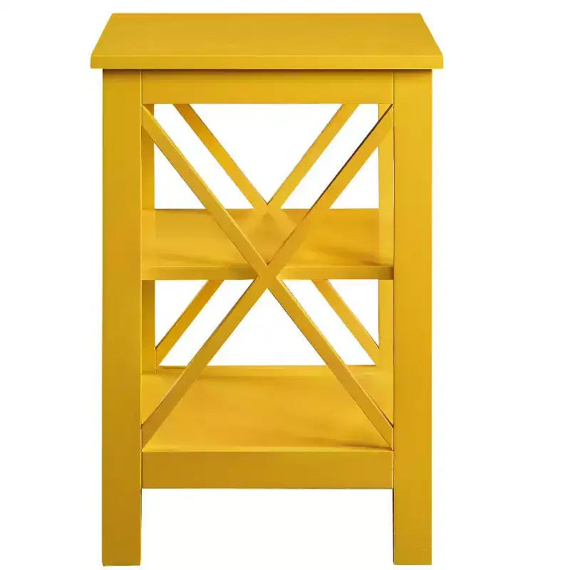 Mesa auxiliar con estantes y paneles en forma de X, mesa lateral de estilo transicional con 3 niveles abiertos para decoración, libros y almacenamiento en la sala