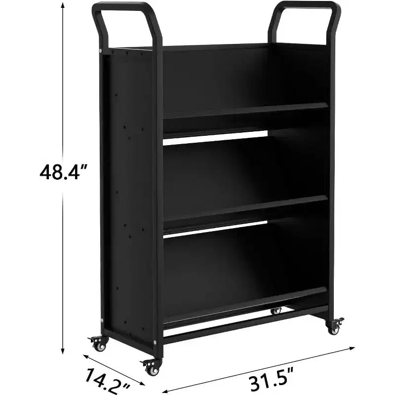 Carrito para libros con ruedas de alta resistencia y 3 niveles, organizador de almacenamiento metálico con ruedas bloqueables, estantes en forma de V y ganchos laterales, diseño compacto para el hogar y la oficina