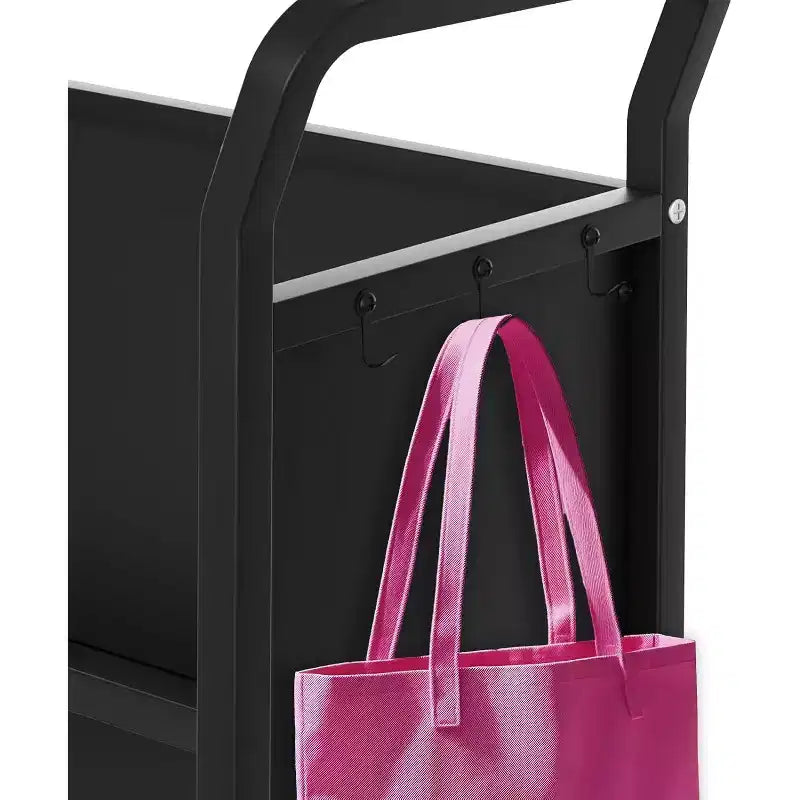 Carrito para libros con ruedas de alta resistencia y 3 niveles, organizador de almacenamiento metálico con ruedas bloqueables, estantes en forma de V y ganchos laterales, diseño compacto para el hogar y la oficina