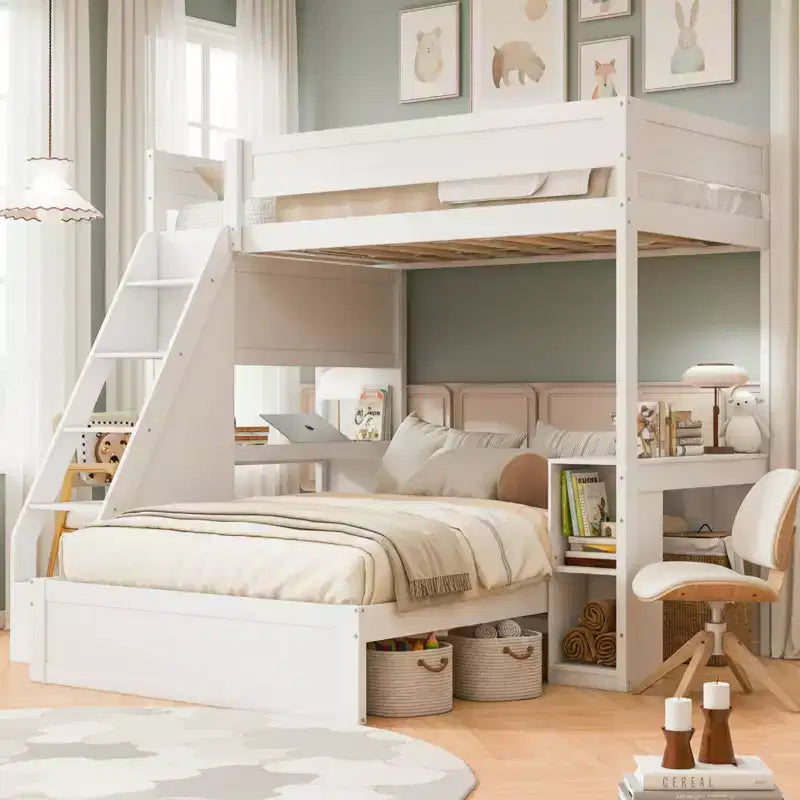Lit superposé avec bureau, ports USB et étagères de rangement