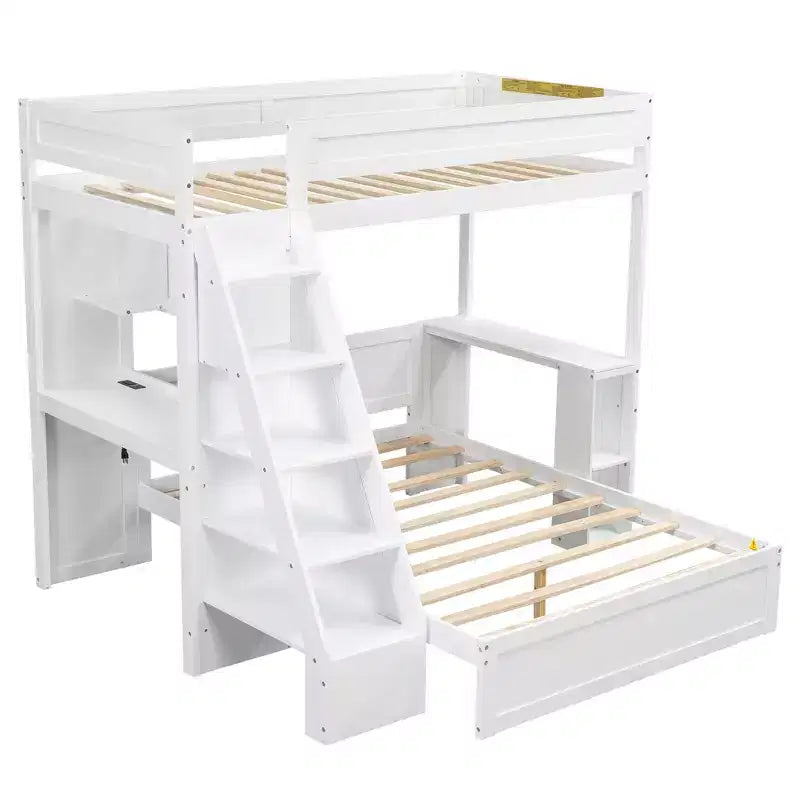 Lit superposé avec bureau, ports USB et étagères de rangement