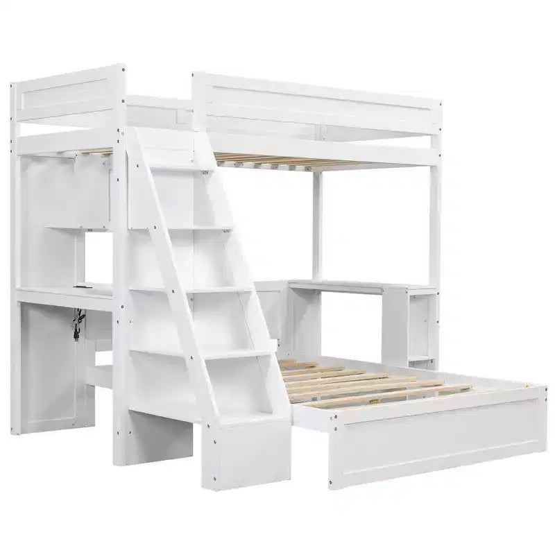 Lit superposé avec bureau, ports USB et étagères de rangement